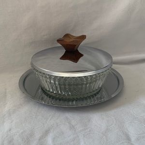 3 Piece Set Silver Tray Glass Bowl Metal & Wood Handle Retro Decor